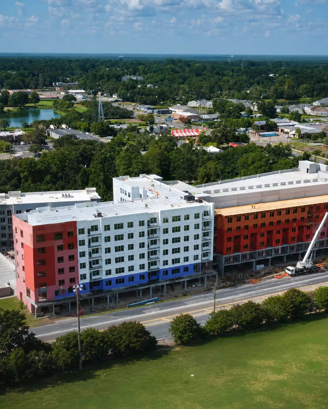 Aerial view of Perla Student Housing construction progress in Tallahassee FL