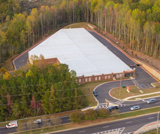 Drone footage showing the Dallas Self Storage site and its expertly built concrete features in Dallas, GA