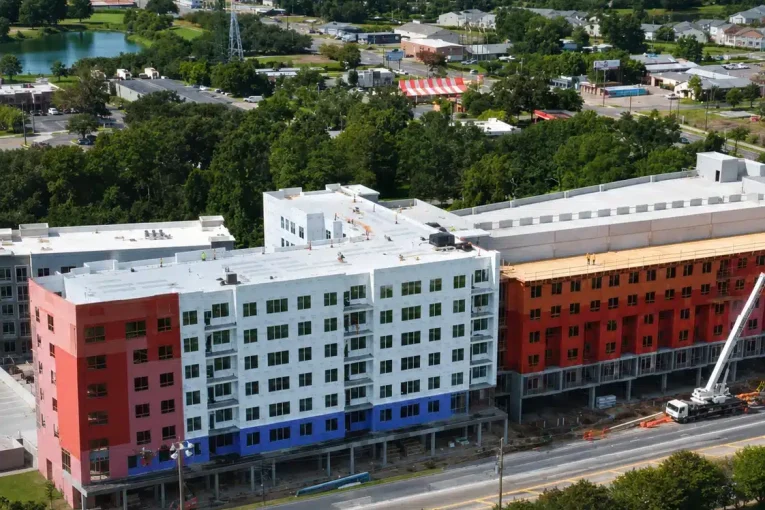 Aerial view of Perla Student Housing construction progress in Tallahassee FL
